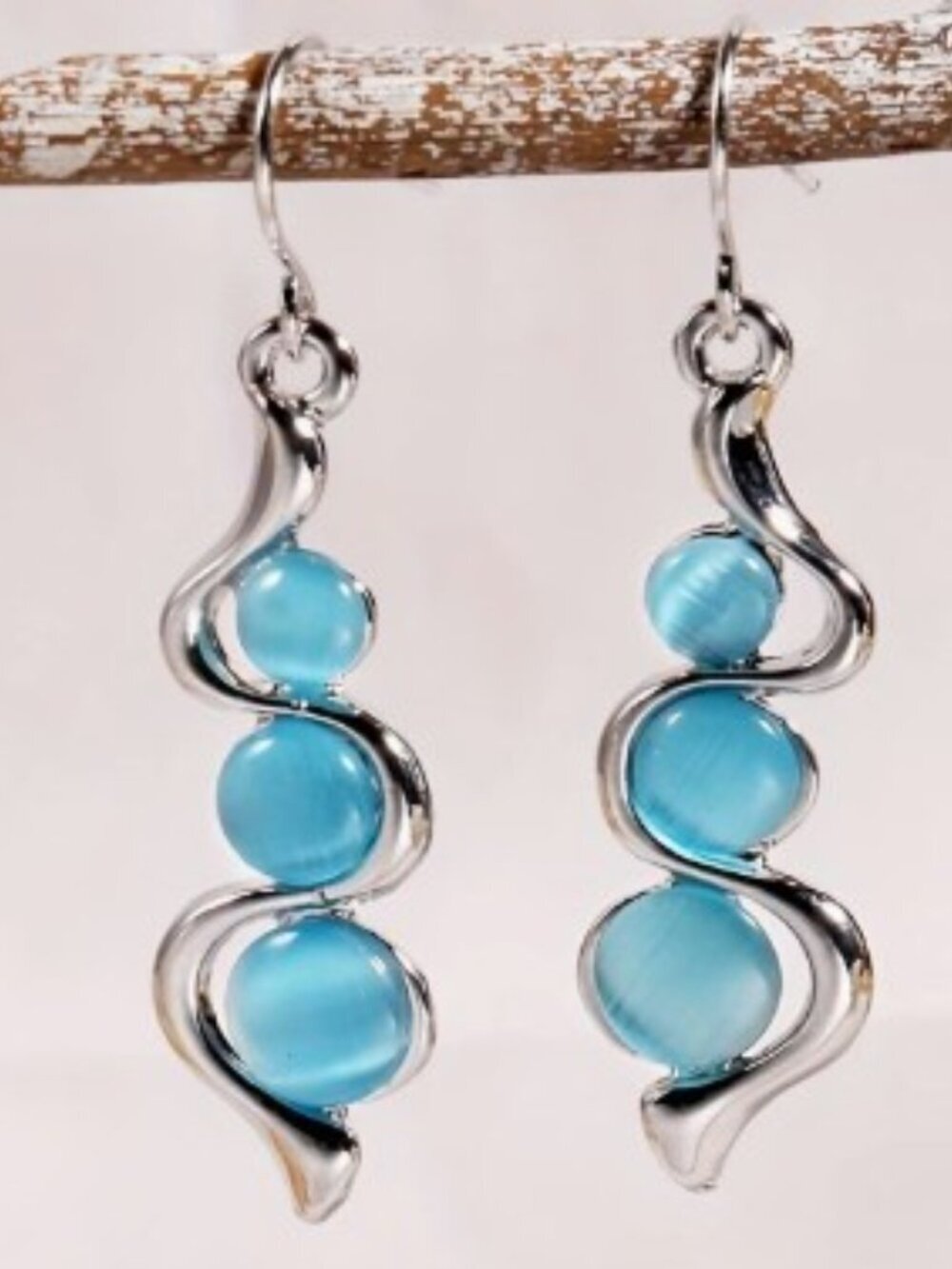 Geometric Cat's Eye Teal Blue Dangle Earrings Bohemian Style - Picture 2 of 5